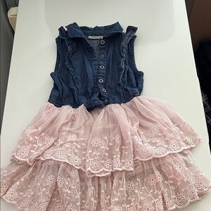 Calvin Klein Girl’s Jeans Blue and Pink Ruffled Dress (size 5)